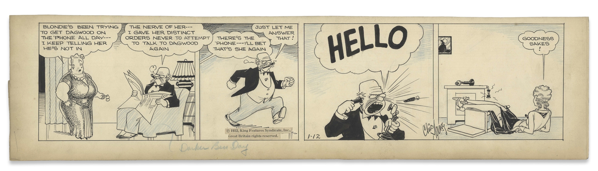 Chic Young Hand-Drawn ''Blondie'' Comic Strip From 1932 Titled ''Repair Department, Please'' -- Dagwood's Parents Are Furious at Blondie